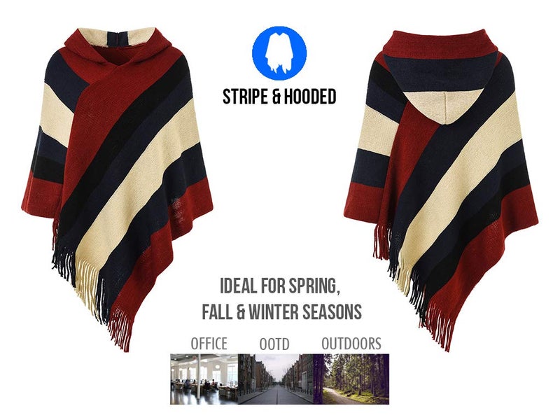 Ferand Women's Striped Poncho Sweater Cozy Knit Fringe Shawl Wraps with Hood for Fall Winter - Image 3